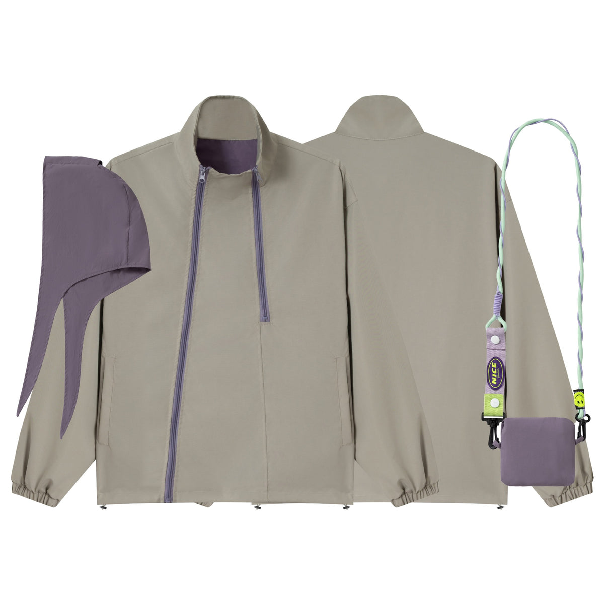 Unisex Loose-fitting functional jacket with double zipper, high stand-up collar, and accessory set EVA-US
