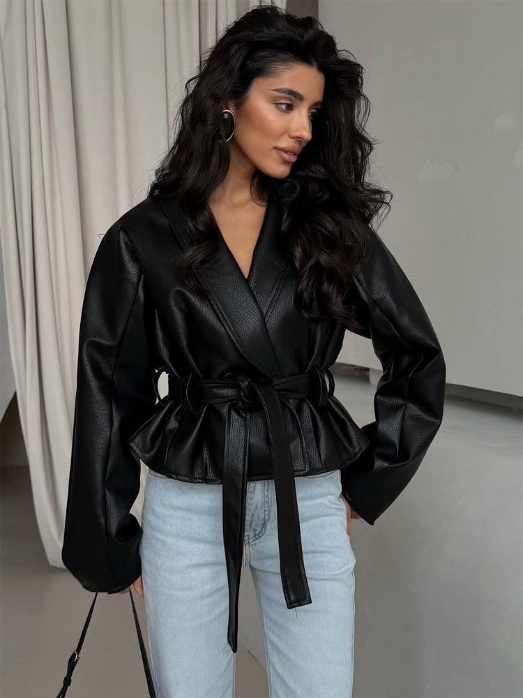 Women's Tailored Faux Leather Jacket with Peplum, Tie Belt & Shawl Collar EVA-US