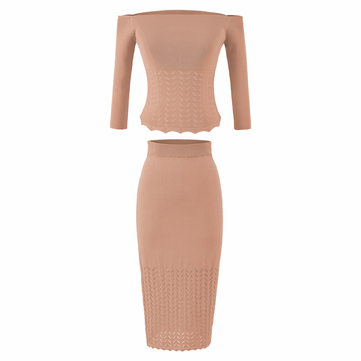 Women's Two-Piece Knit Set with off-the-shoulder Neckline and Bodycon Pencil Skirt EVA-US