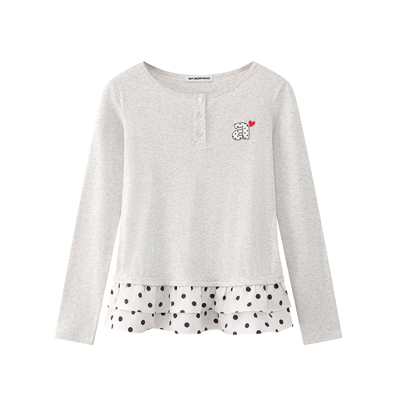 Women's Long Sleeve Henley Layering Top with Ruffle Underlay and Heart Patch EVA-US