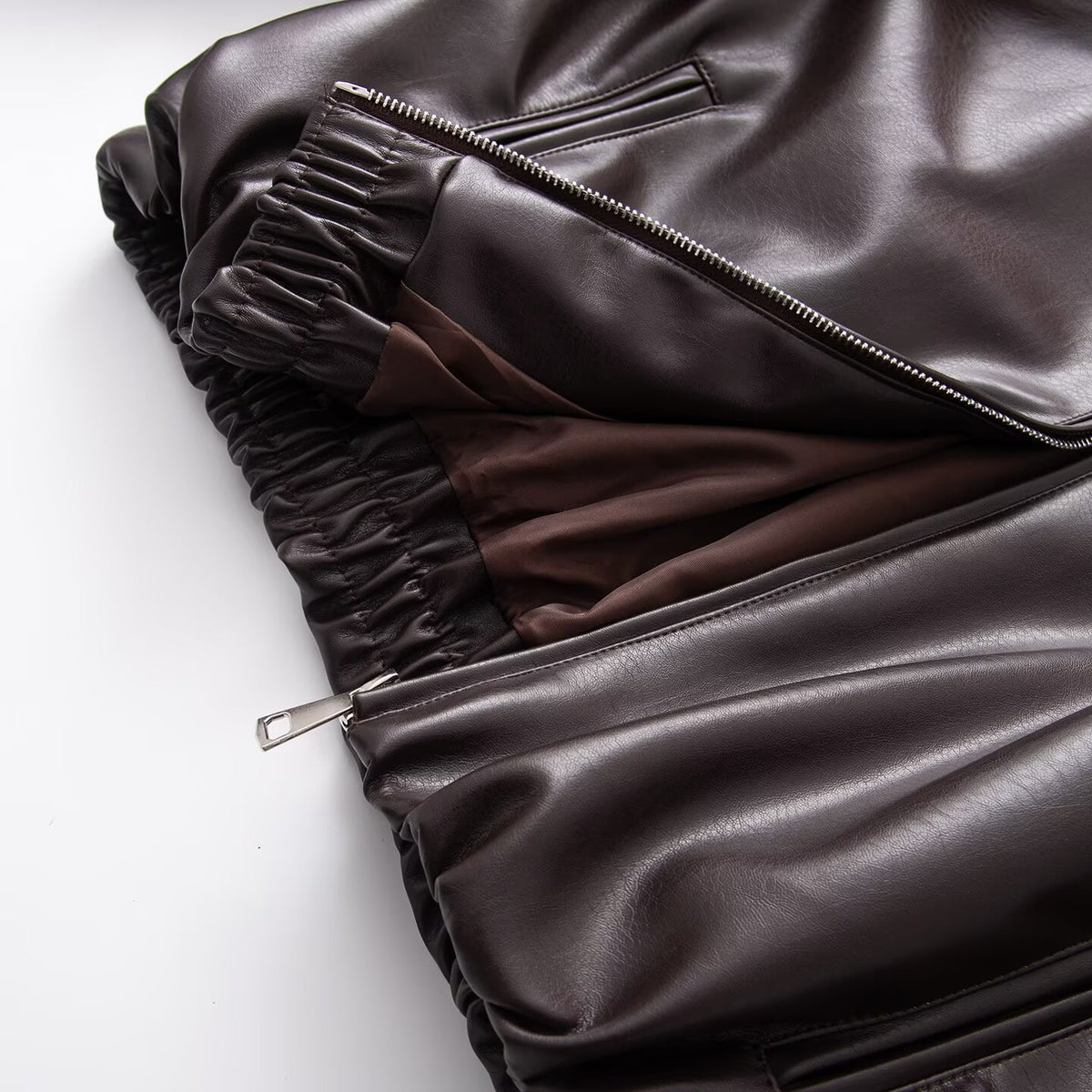 Women's Oversized Faux Leather Blouson Jacket with Collar, Zipper and Elastic Hem EVA-US