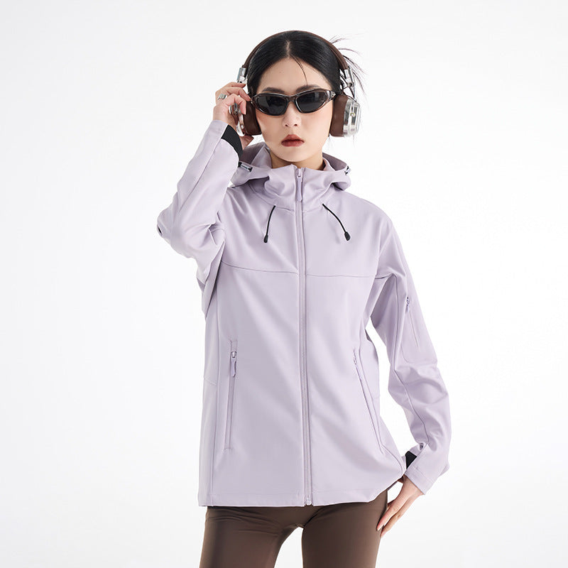 Women's Breathable Softshell Rain Jacket with Hood, Windproof and Minimalist Tech Look EVA-US