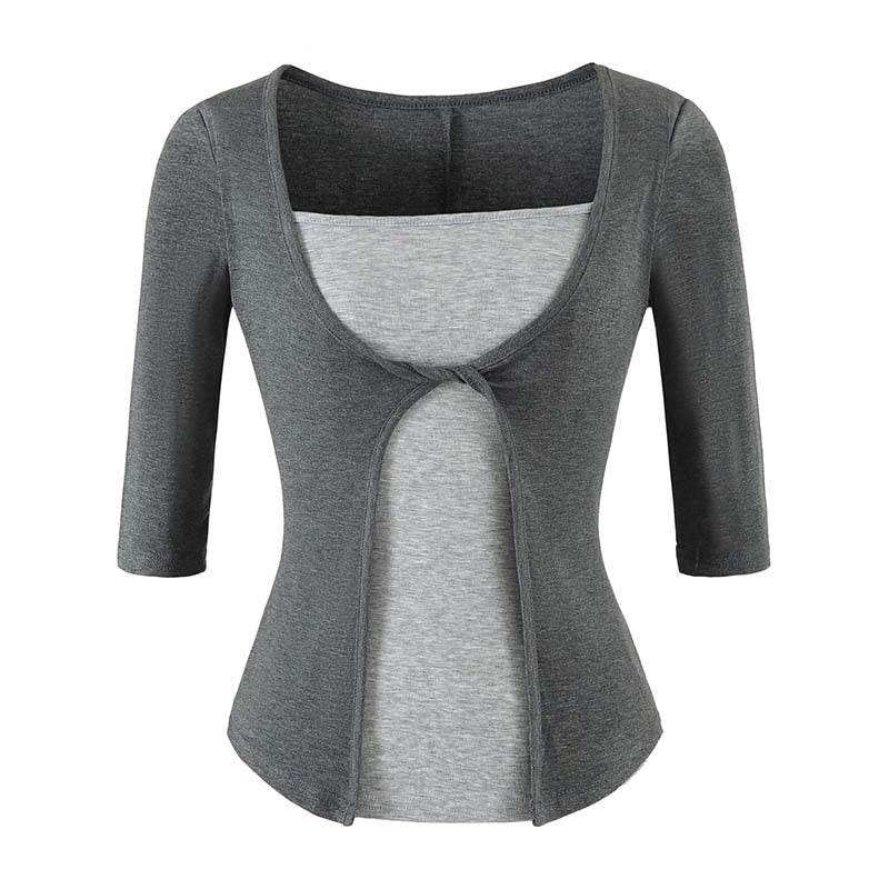 Women Layered Look Shirt with Knot Front, Three-Quarter Sleeves and Integrated Under Top EVA-US