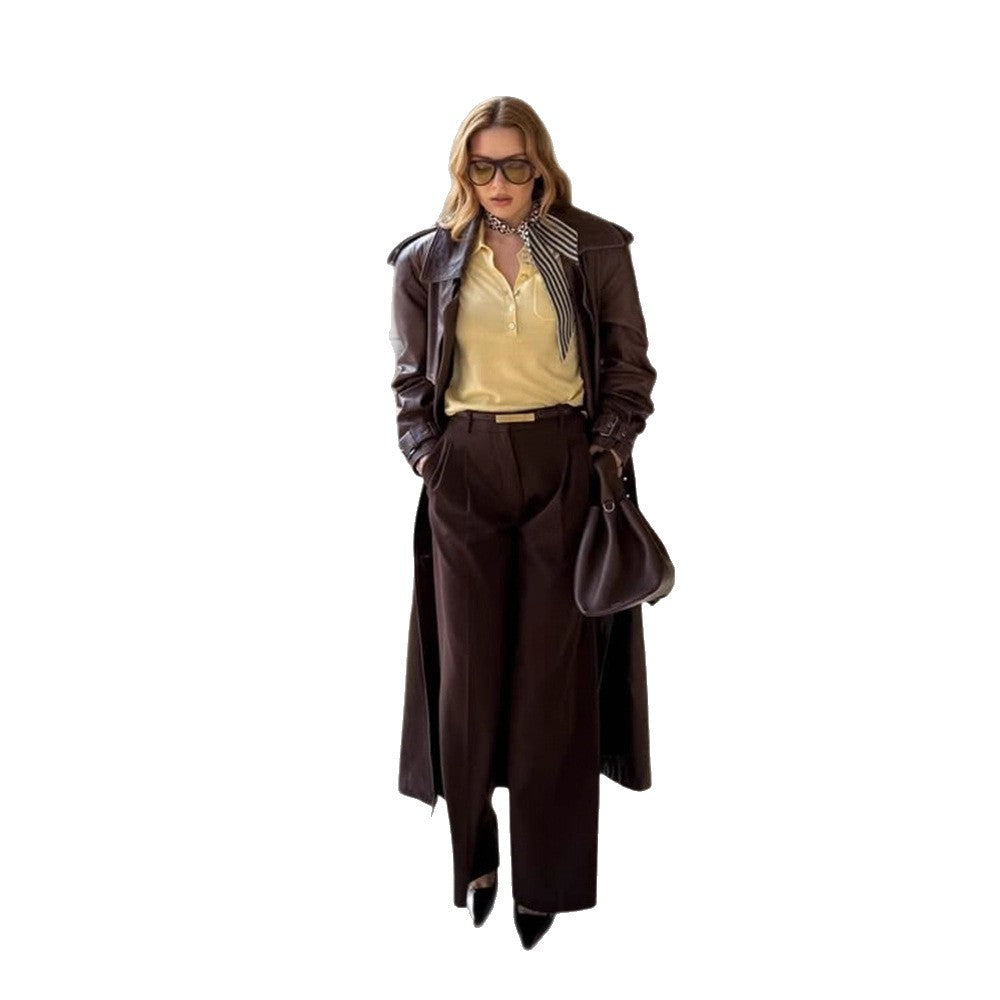 Women Long Trench Coat Made of Faux Leather with Oversized Shoulders and Tailored Silhouette EVA-US