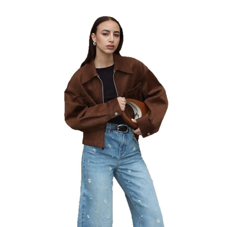 Ladies Short Suede Look Jacket with Zipper and Oversized Sleeves EVA-US