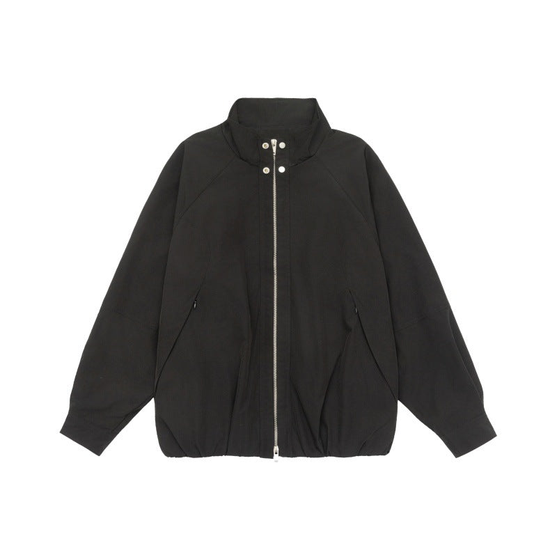 Women Lightweight Raglan Bomber Jacket with Stand Collar and Elastic Hem EVA-US
