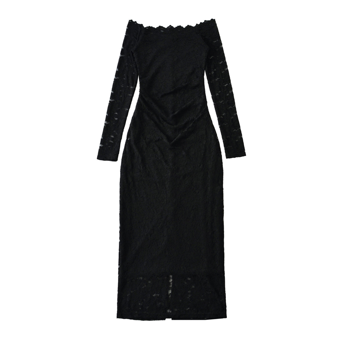 Women's Off-Shoulder Lace Dress with Waist Gather and Long Sleeve