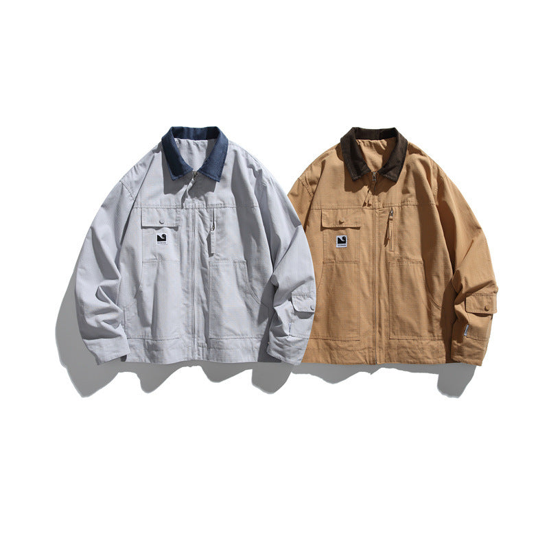 Men's Boxy Workwear Blouson Jacket with Contrast Collar and Multiple Pockets EVA-US