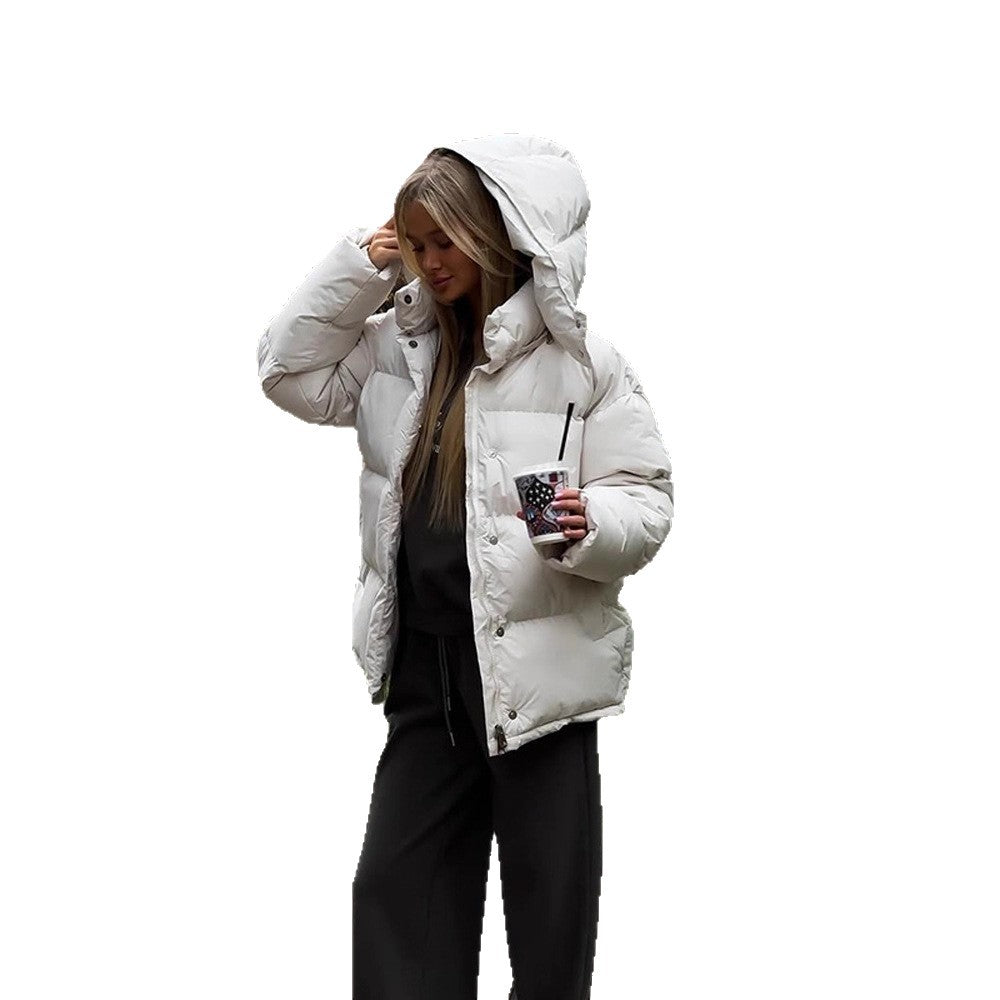 Ladies Short Windproof Quilted Puffer Jacket with Removable Hood and High Stand Collar EVA-US
