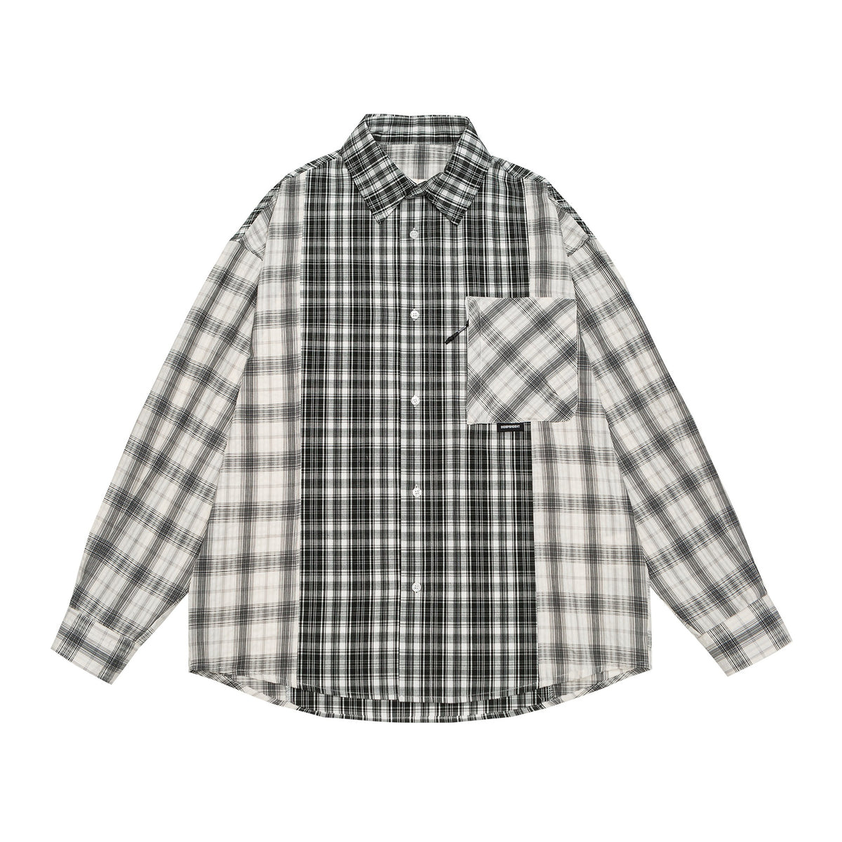 Unisex Oversized Shirt Jacket with Patchwork Check Pattern and Rounded Hem EVA-US