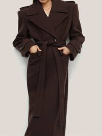 Women's Maxi Length Tailored Wool Blend Coat with Wrap Belt and Generous Notch Collar EVA-US