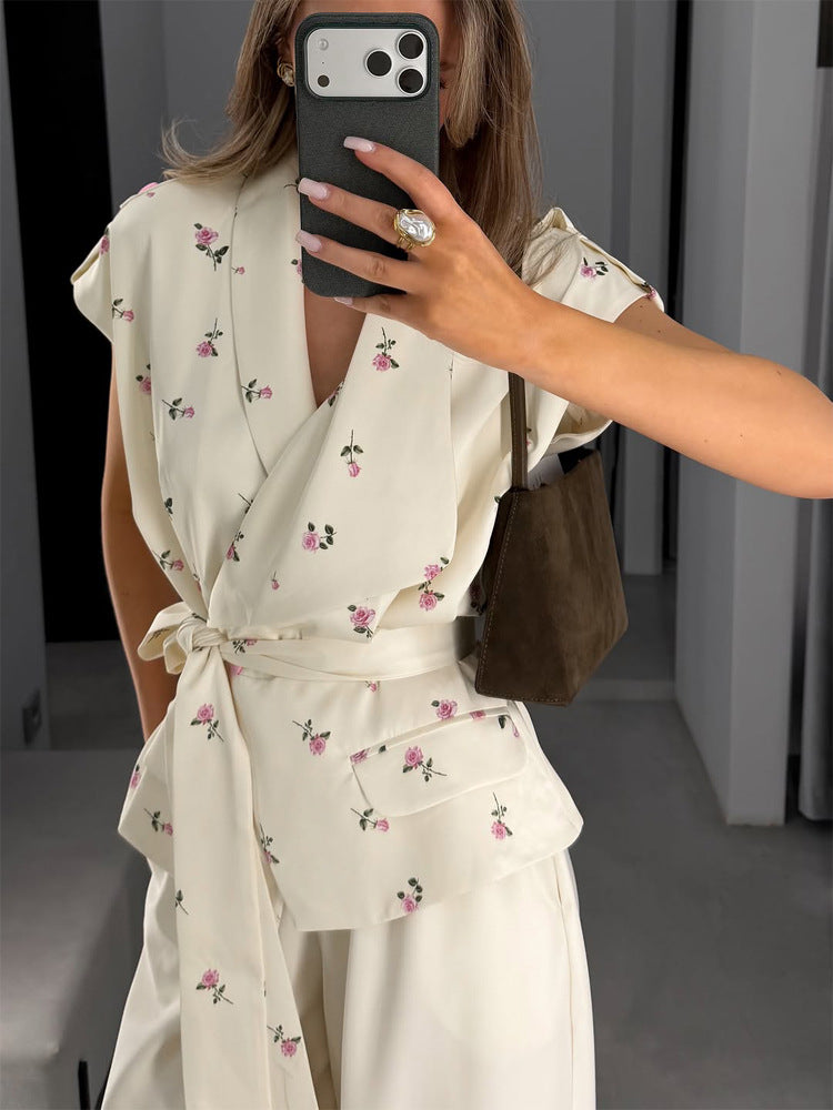 Women's Sleeveless Wrap Top with Tailored Tie Belt and Patch Pockets EVA-US