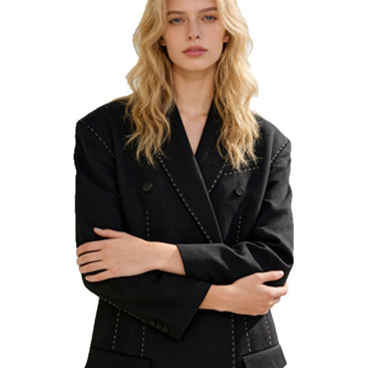 Women's Double-Breasted Oversized Blazer Coat with Distinctive Shoulder Area & Decorative Stitching EVA-US