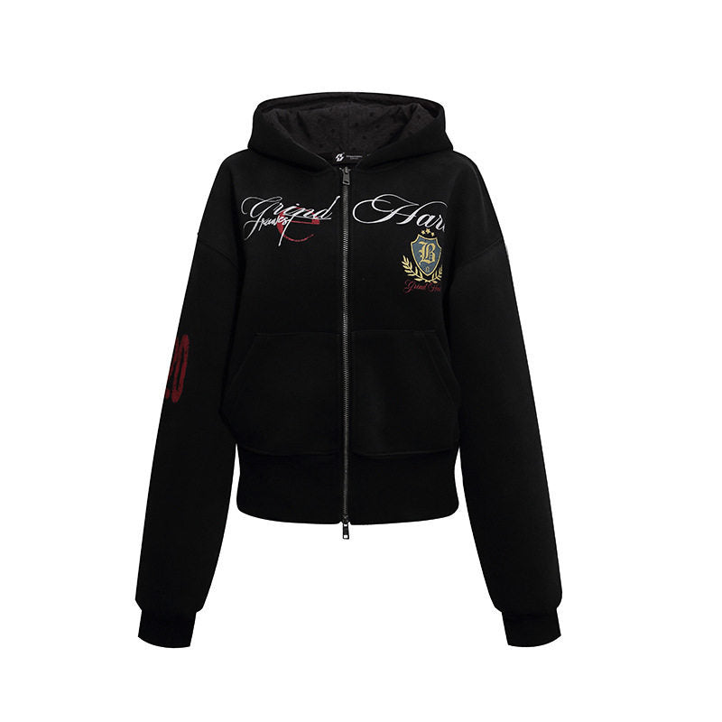 Women's Short-Cut Zip Hoodie made of French Terry with Polka Dot Hood Lining and Emblem Stitch EVA-US