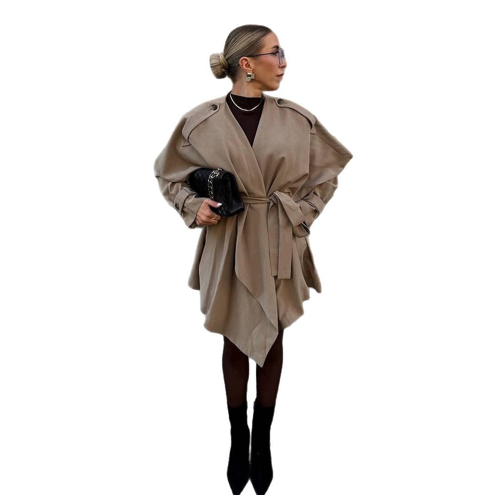 Women's Short Asymmetrical Wrap Coat with Ruffle Overlay and Tie Belt EVA-US
