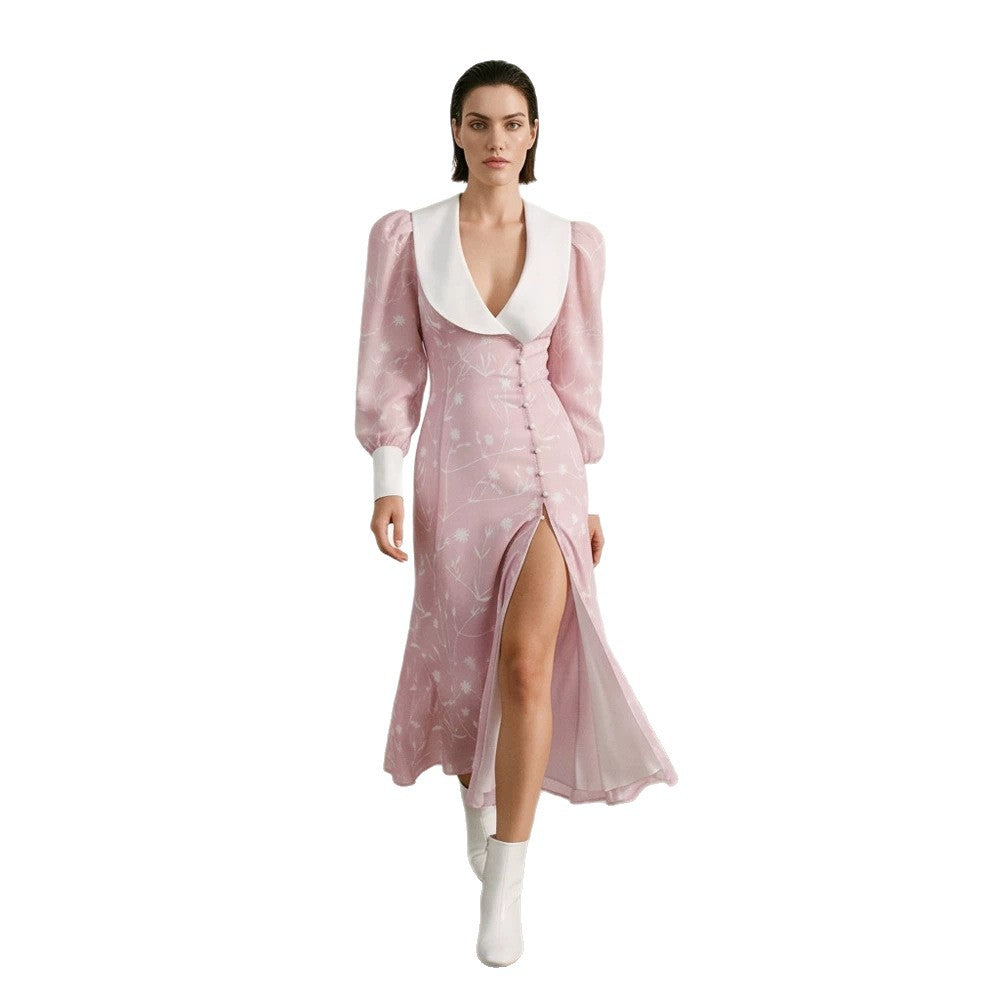 Women’s midi dress with deep shawl collar, puff sleeves and side slit EVA-US