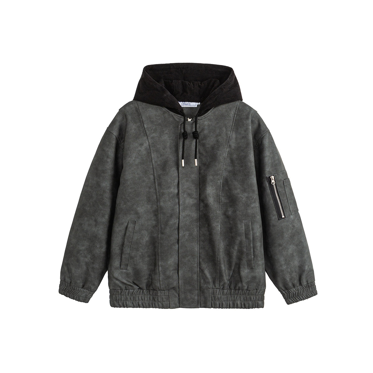 Unisex Boxy-padded Hooded Bomber Jacket with Velour Look, Cord Collar and Sleeve Zipper EVA-US