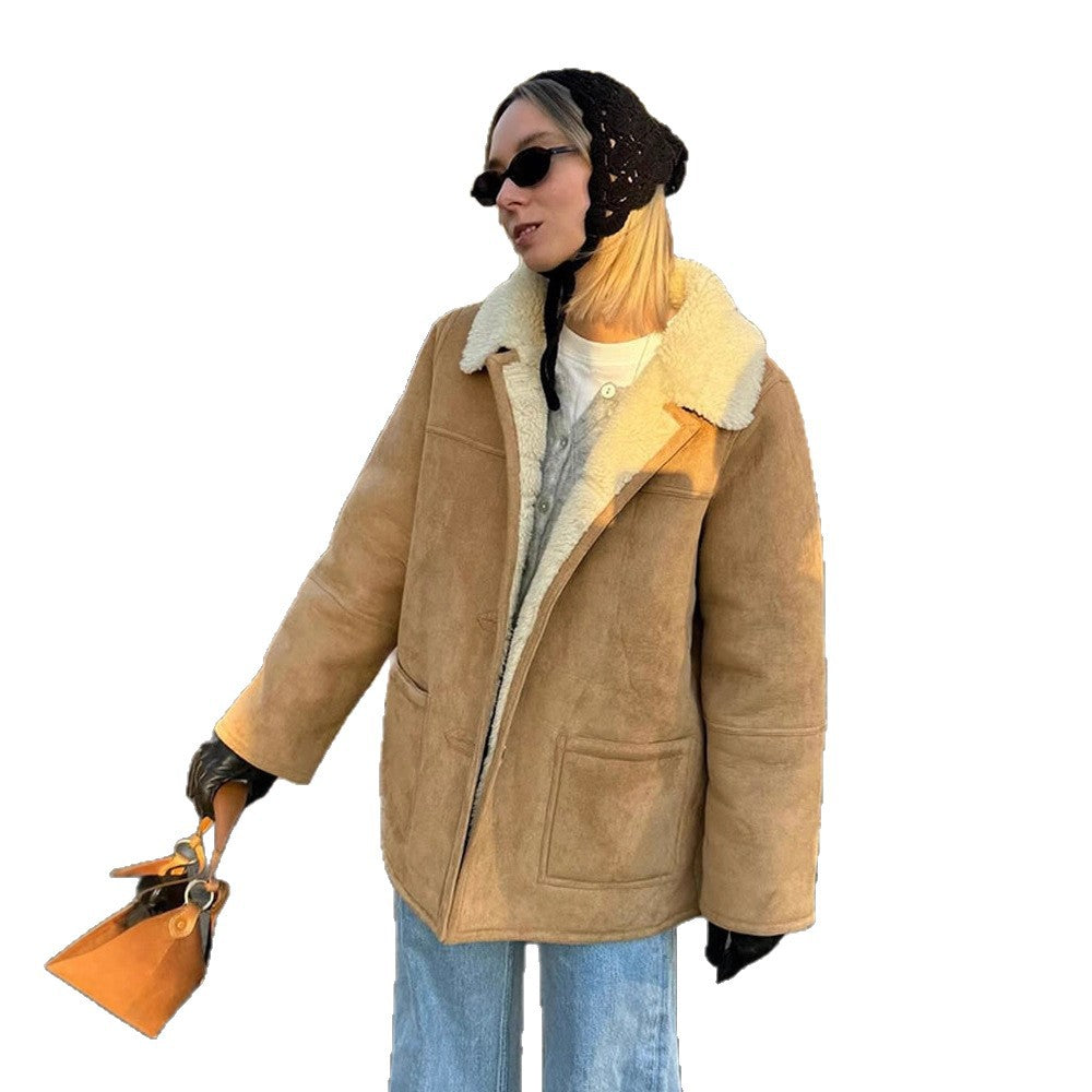 Women's Boxy Lambskin Look Coat with Folded Teddy Collar EVA-US