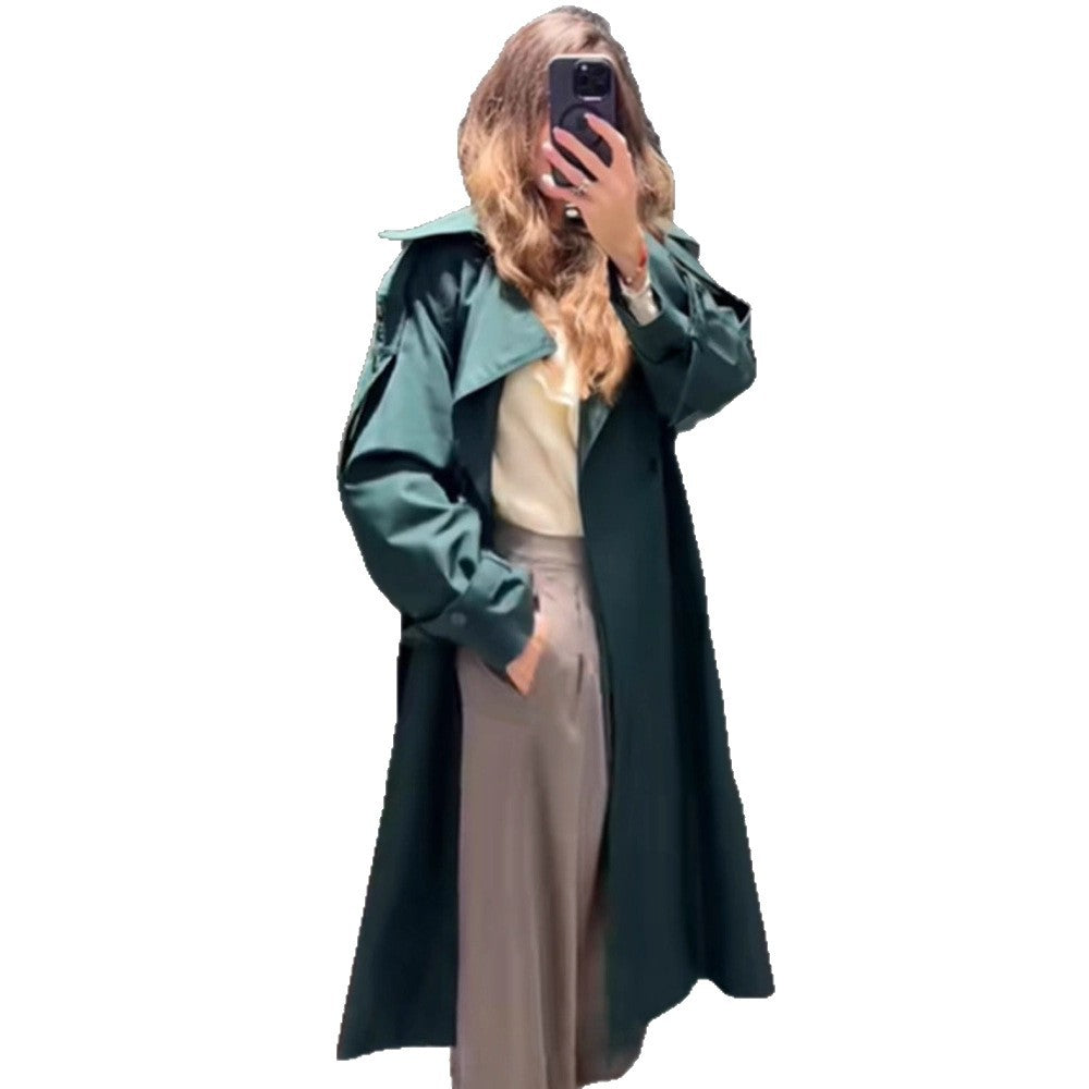 Women Long Water-Repellent Trench Coat with Waist Belt and High Stand Collar EVA-US