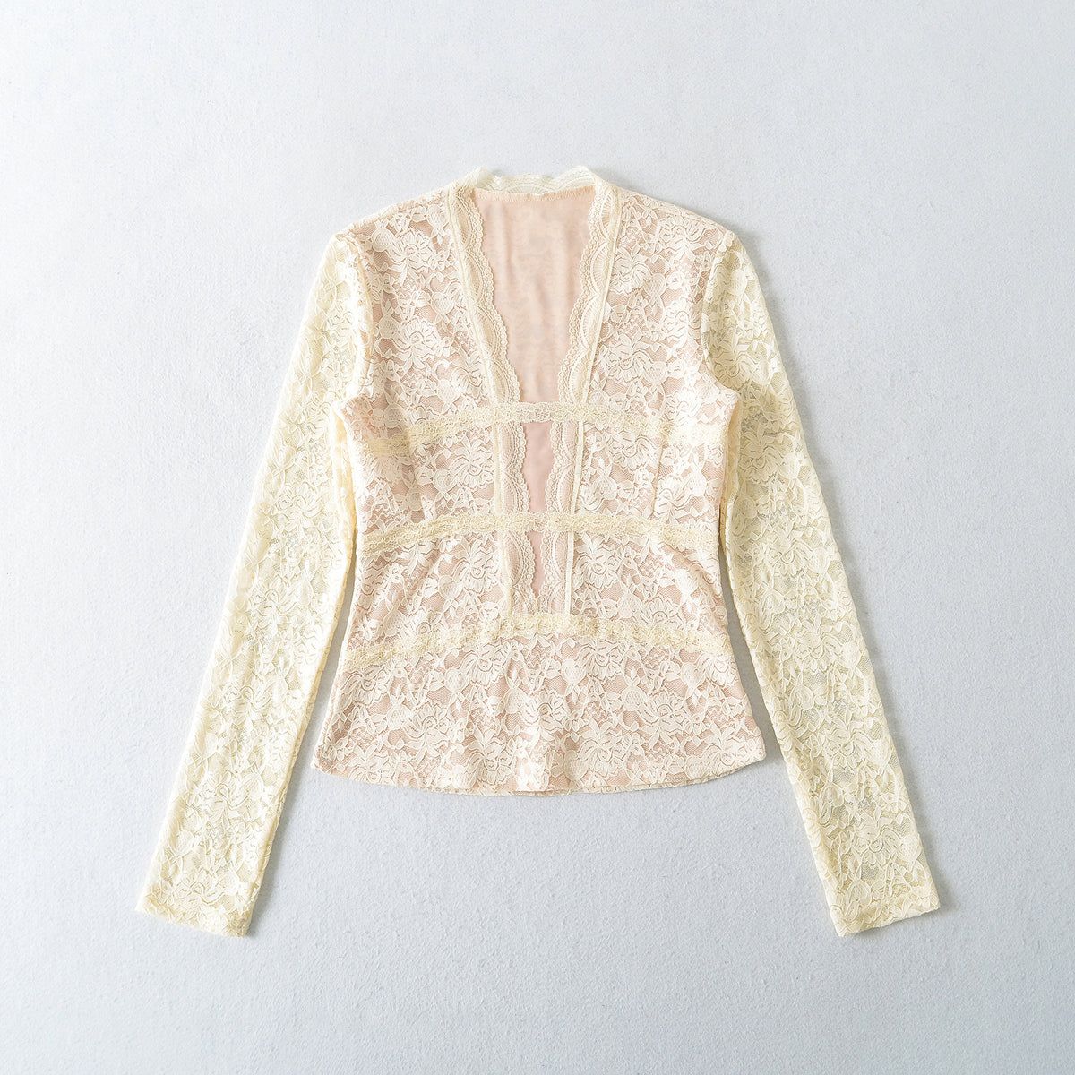 Women's Transparent Lace Blouse with V-Neck, Tailored Inserts and Long Sleeves EVA-US