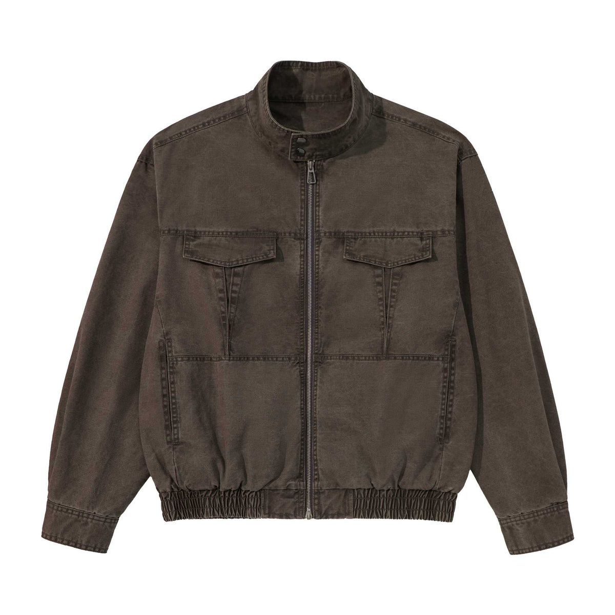 Men's short-cut utility jacket with high stand-up collar, zipper, and elastic hem EVA-US