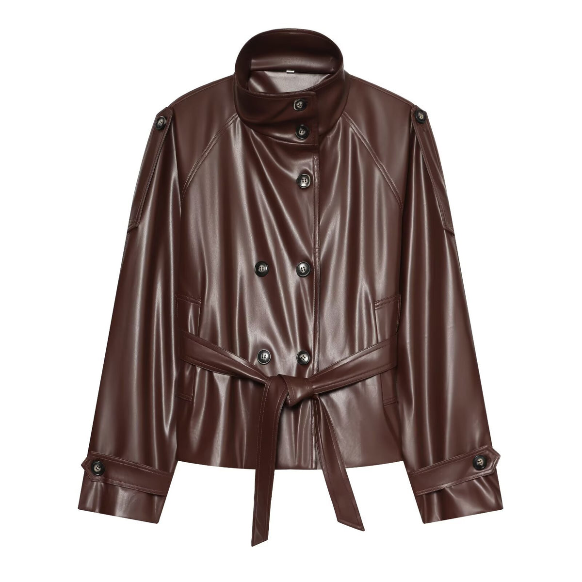 Women's Cropped Faux Leather Jacket with High Collar and Waistband EVA-US