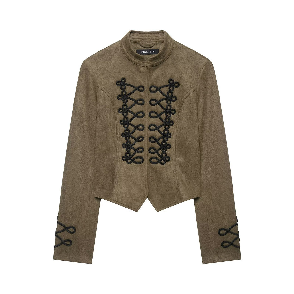 Women's Cropped Velvet Jacket with Military Decorative Cord and Tailored Cut EVA-US