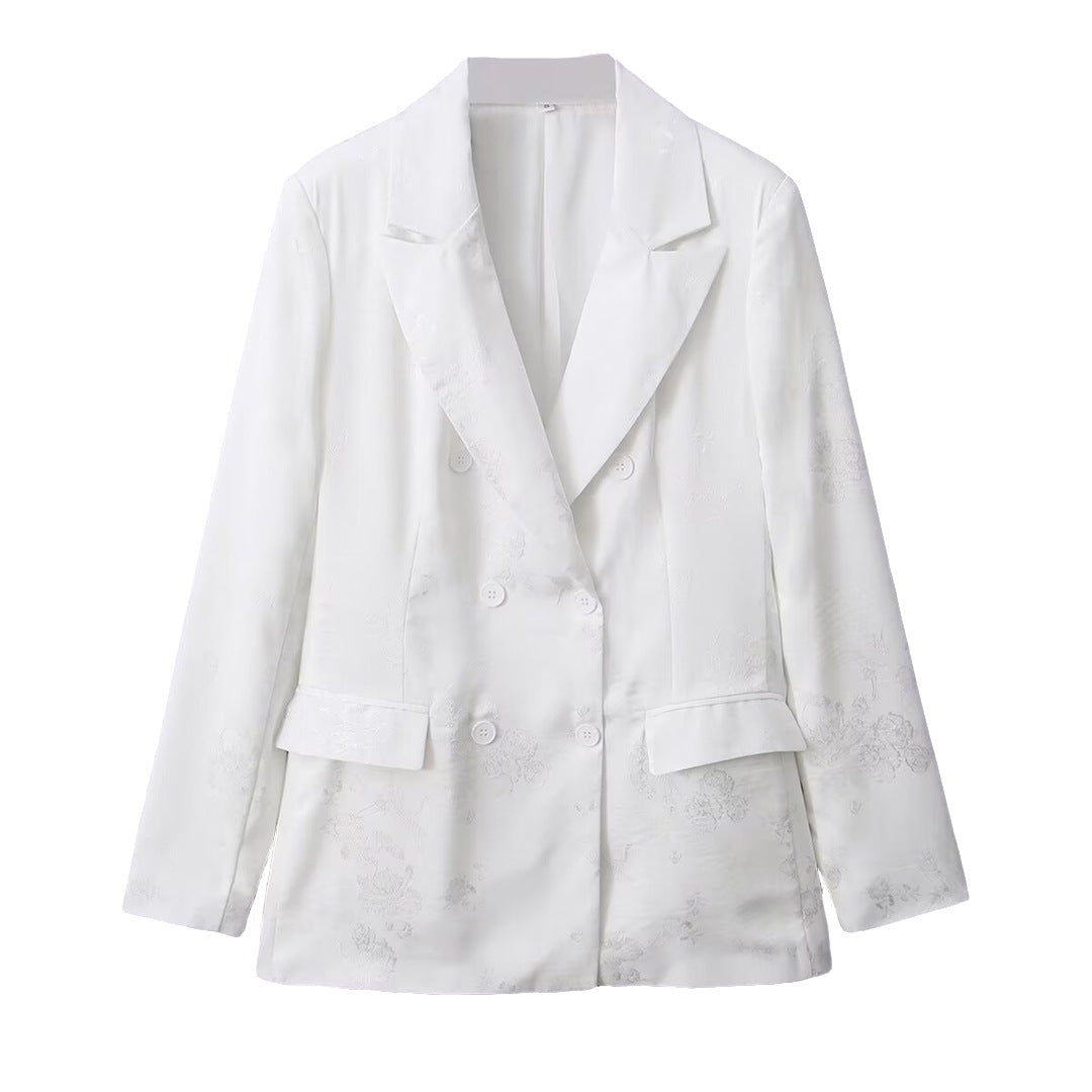 Women's Double-Breasted Satin Blazer with Floral Jacquard and Peak Lapel EVA-US