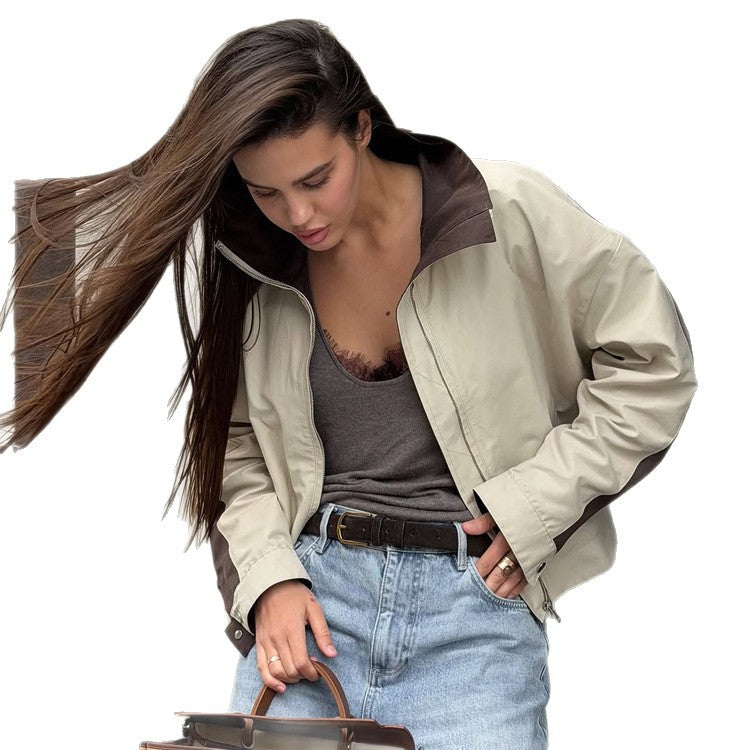 Women's Lightweight Bomber Jacket in Colorblock Style with High Stand-Up Collar EVA-US