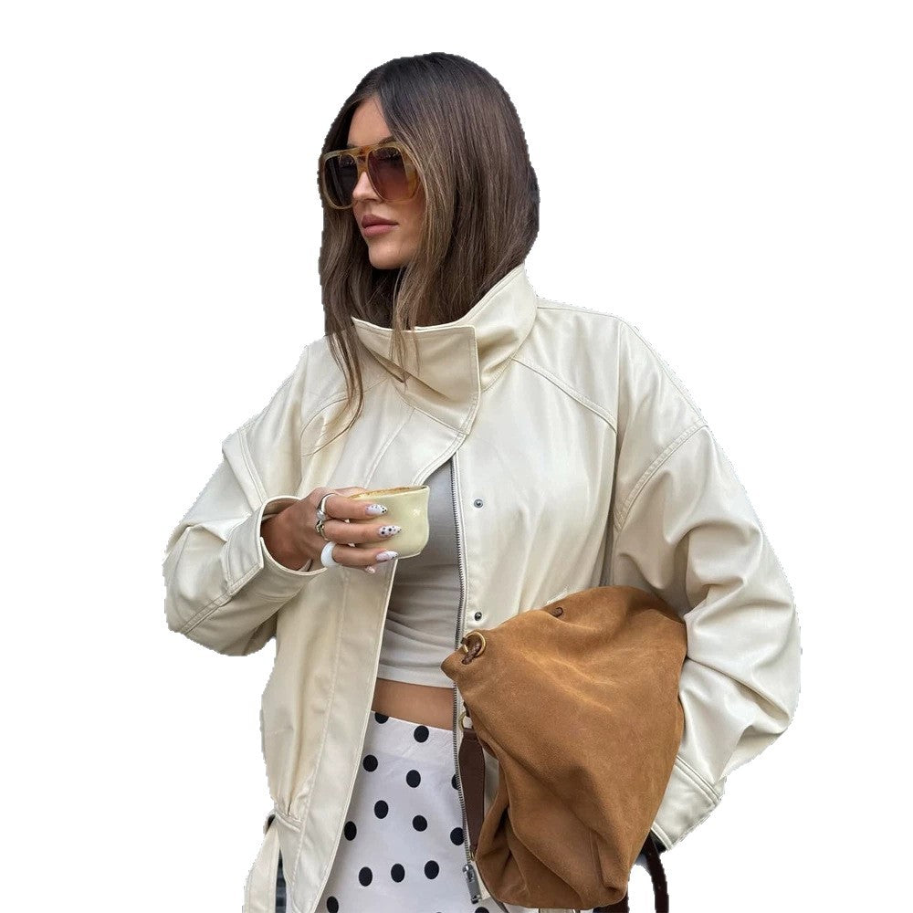 Women Oversized Faux Leather Jacket with High Stand-up Collar and Drawstring