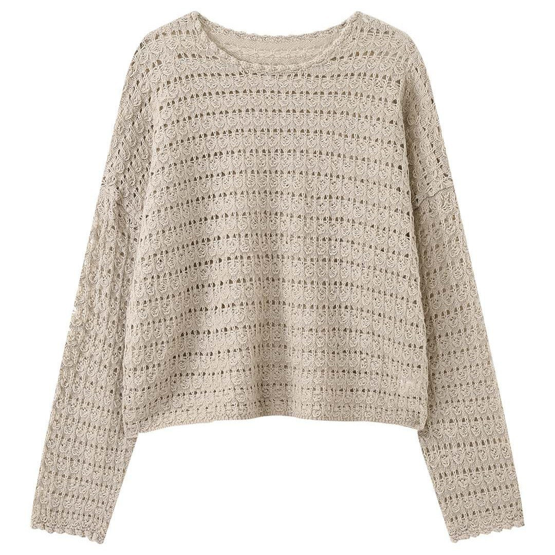 Women's Crocheted Oversized Openwork Sweater with Boat Neck EVA-US