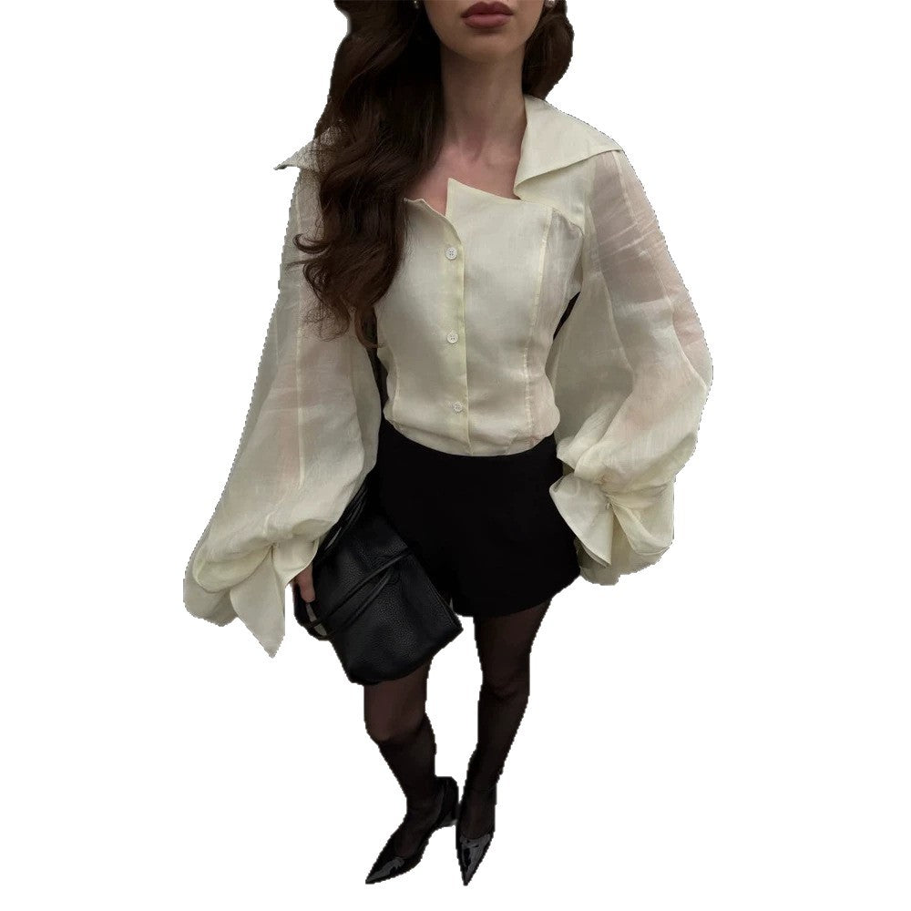 Women's Transparent Blouse Top with Tailored Corset Look and Voluminous Balloon Sleeves EVA-US