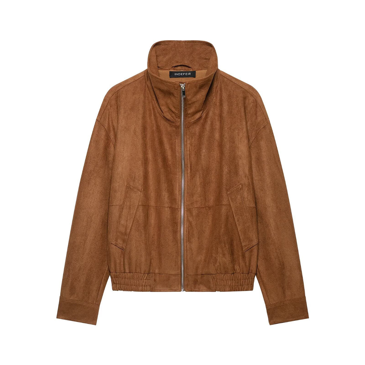Women's Suede Look Bomber Jacket with High Funnel Collar and Elastic Cuffs