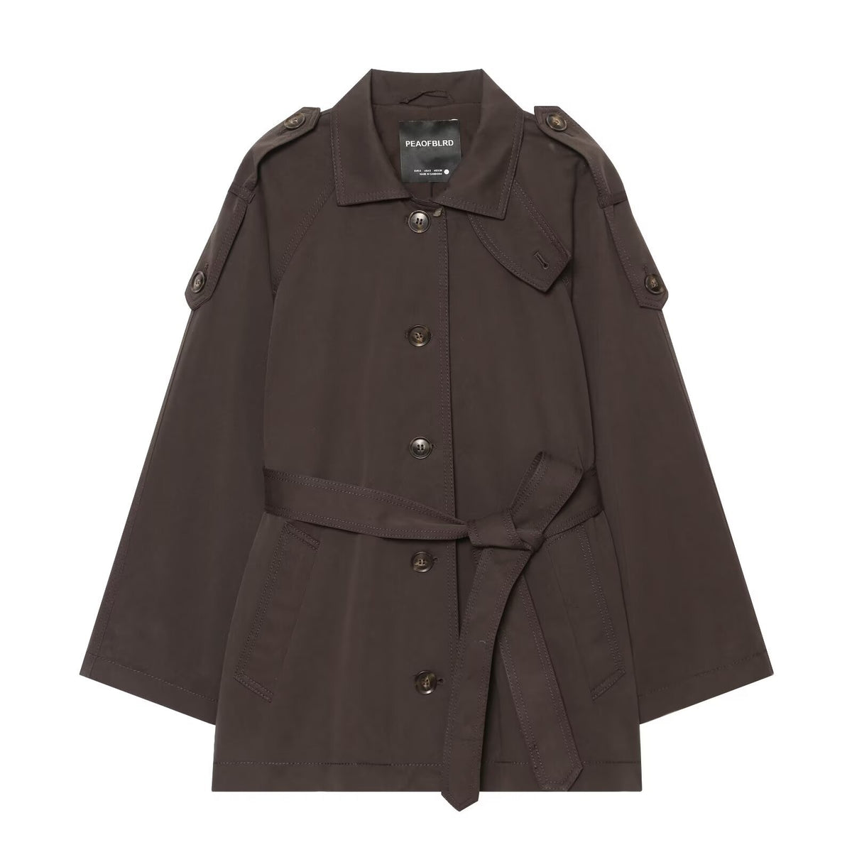 Women Short Trench Cape with Waist Belt, Epaulettes and Patch Pockets EVA-US