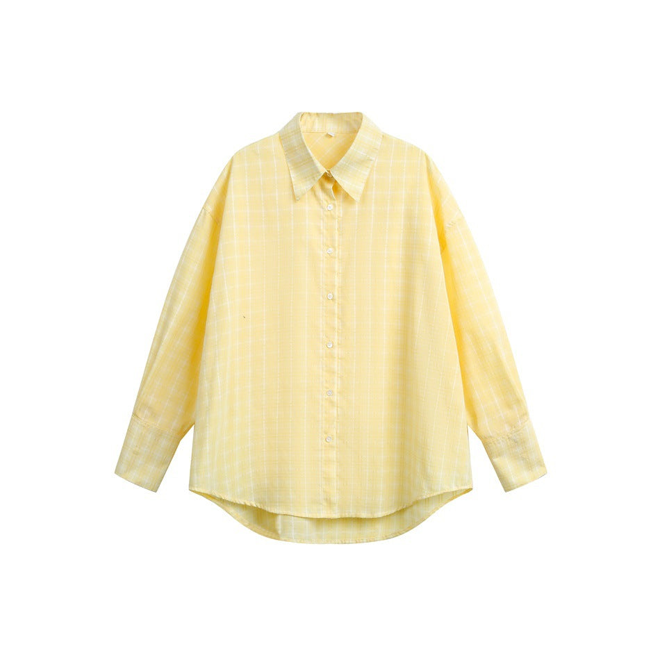 Women Loose Boxy Shirt with Kent Collar, Rounded Hem and Fine Check Pattern EVA-US