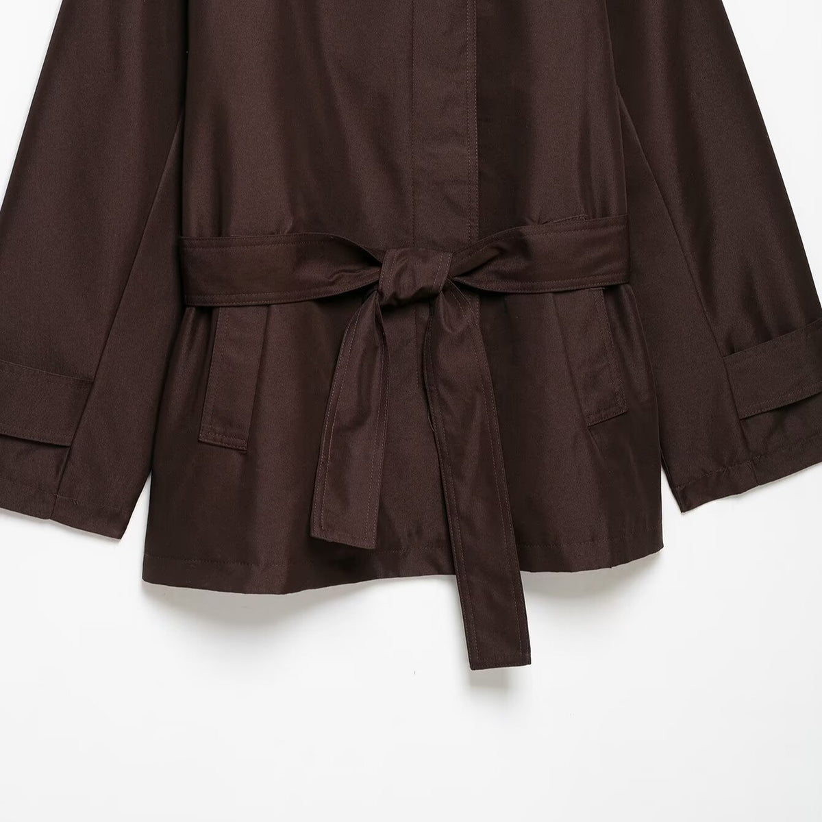 Women's Short Tailored Rain Jacket in Trench Style with Stand Collar and Tie Belt EVA-US