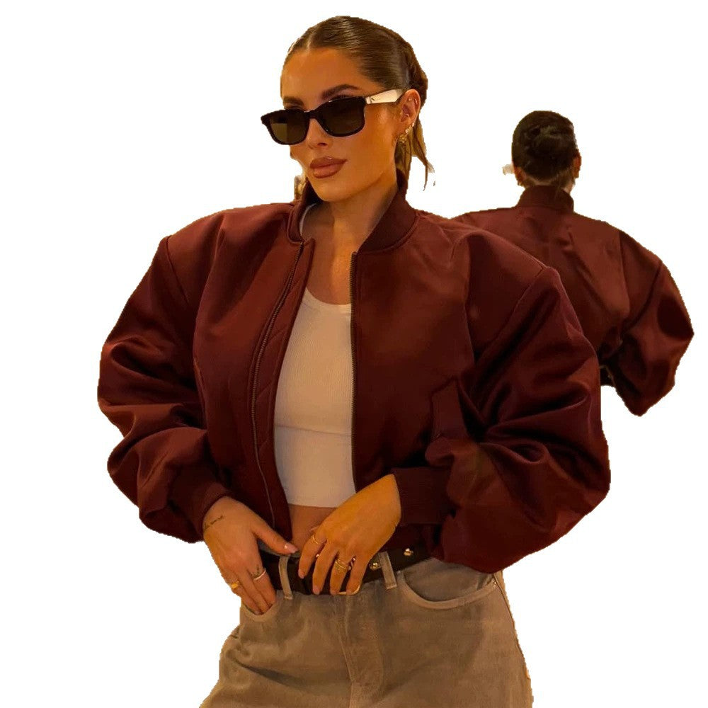 Ladies Short Satin Bomber with Boxy Silhouette, Flap Pockets and Elastic Cuff EVA-US