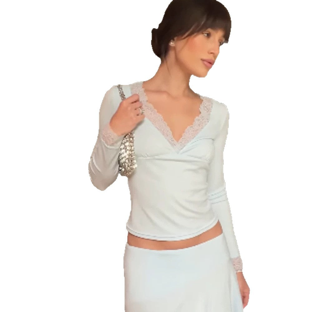 Women's Figure-Hugging Long Sleeve Top with Deep Lace V-Neck and Delicate Cuffs EVA-US