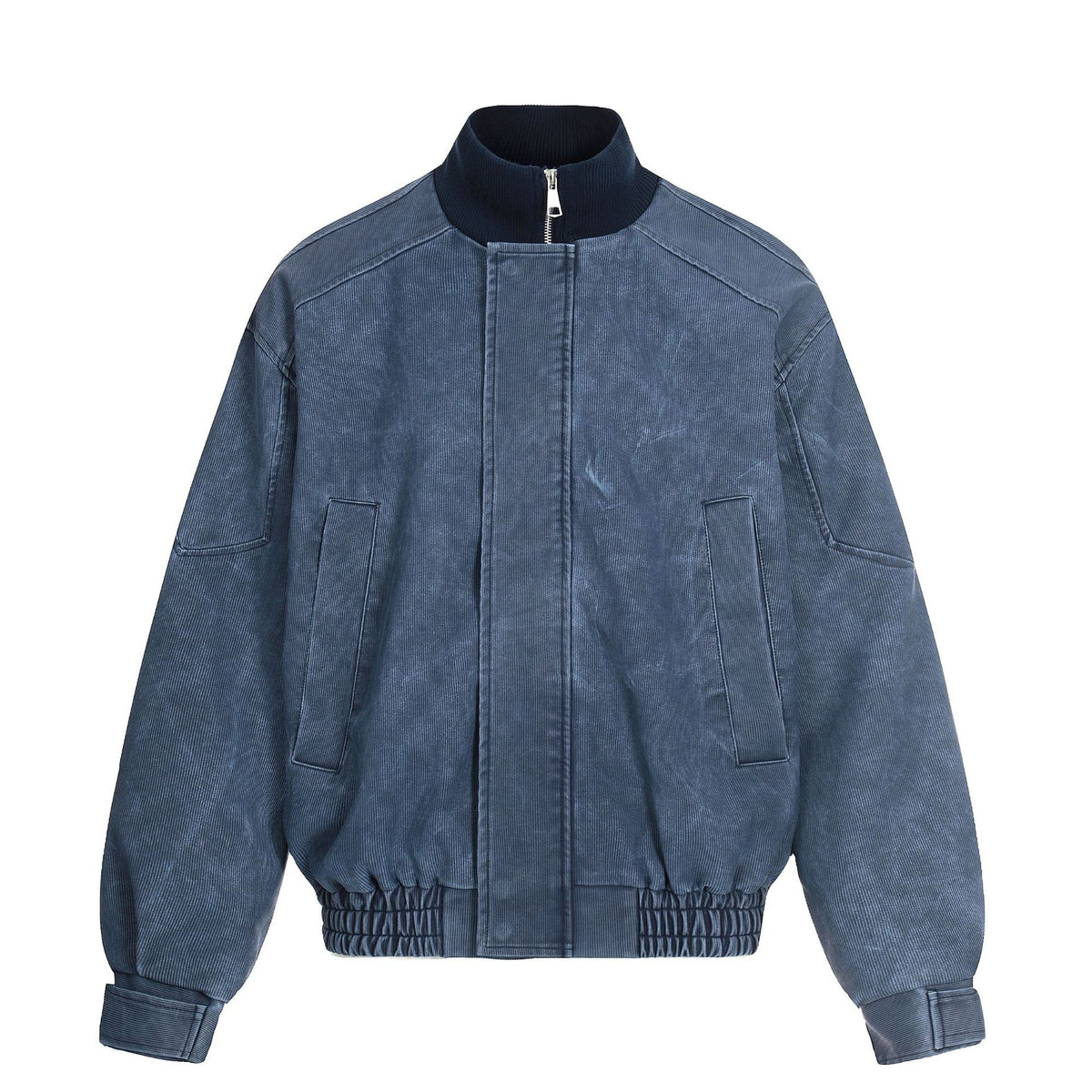 Men's short boxy blouson made of corduroy fabric with high ribbed collar and elastic hem.