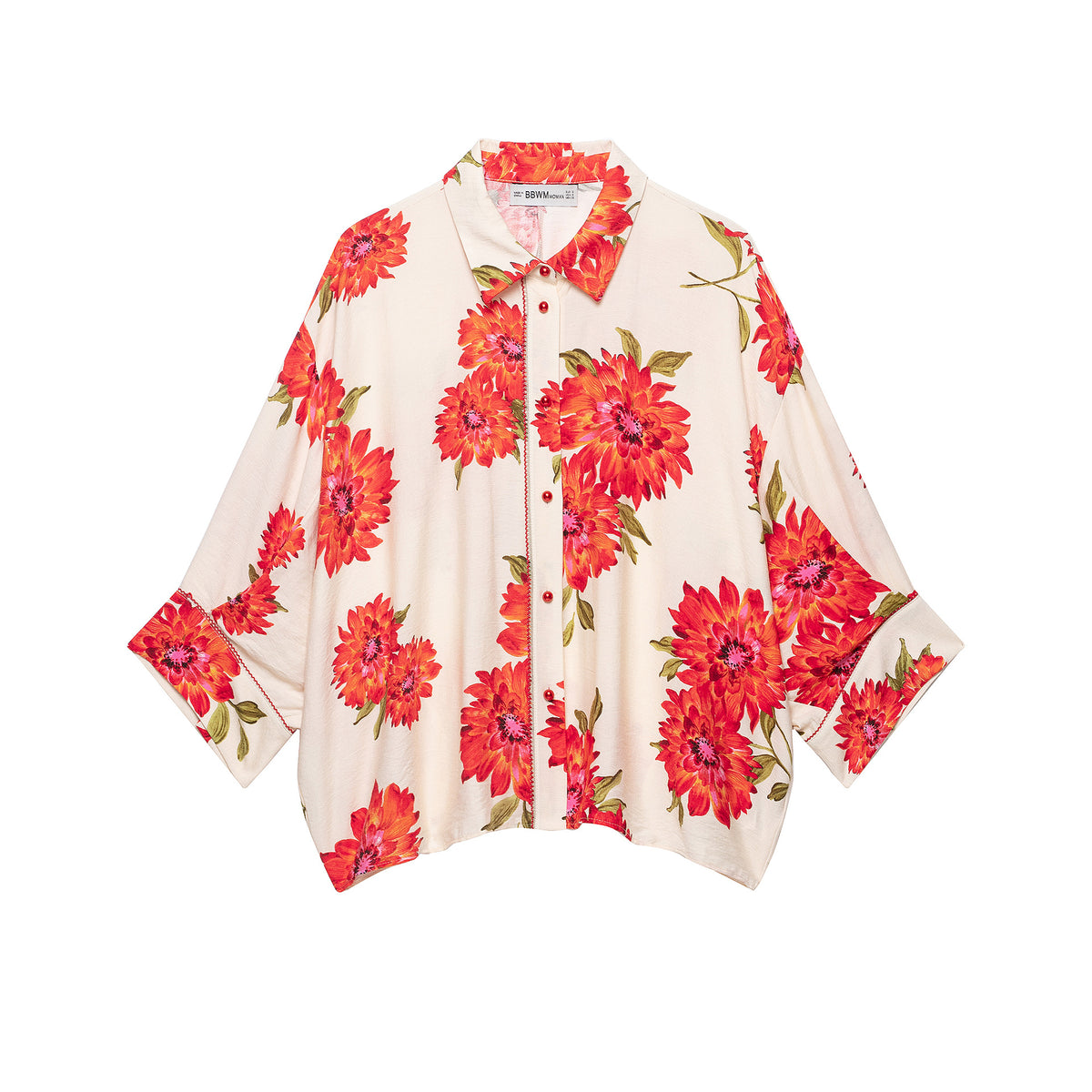 Women's oversized shirt blouse with large floral print, lapel collar and continuous button placket EVA-US