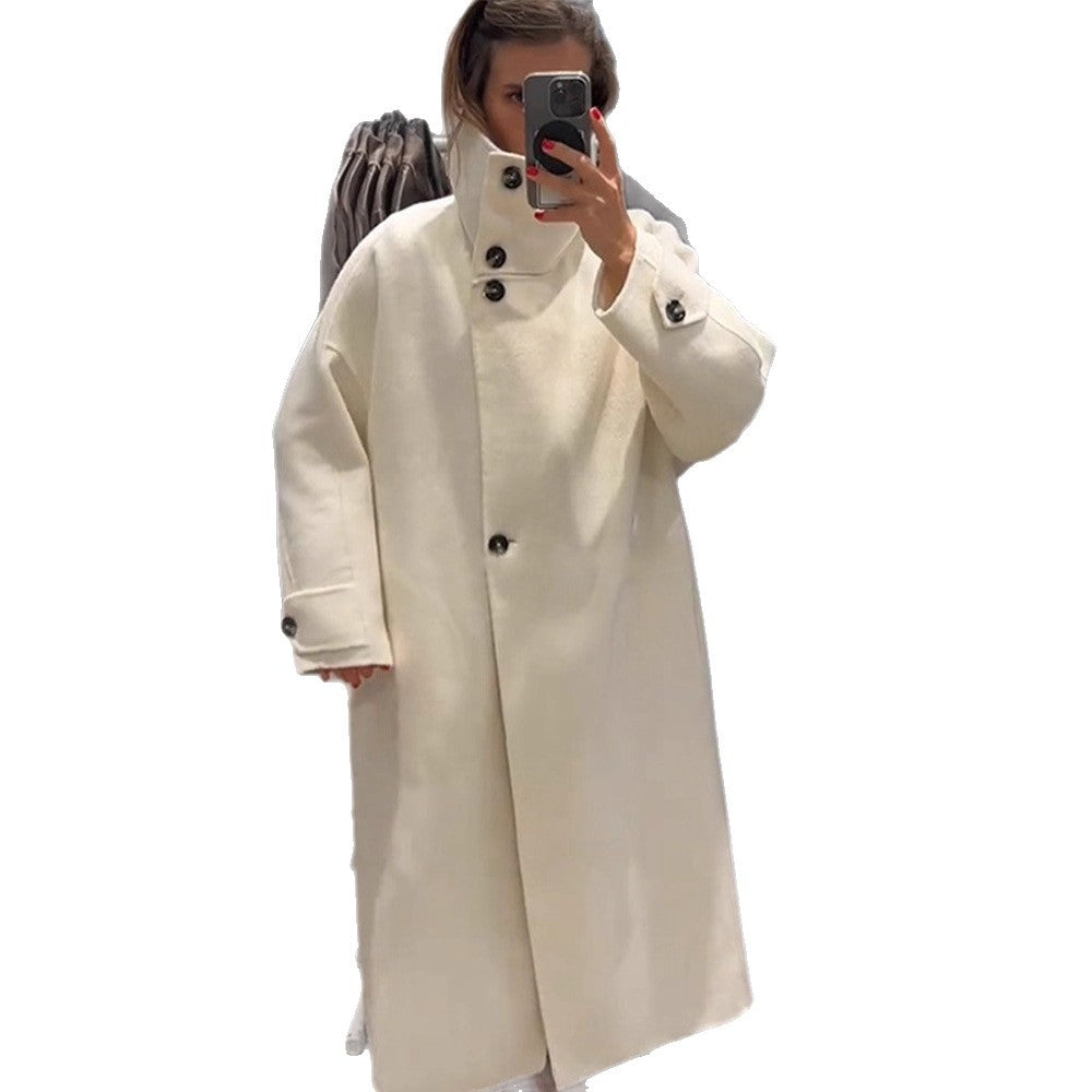 Women's Oversize Wool Blend Coat with Asymmetrical Cut and High Stand Collar EVA-US