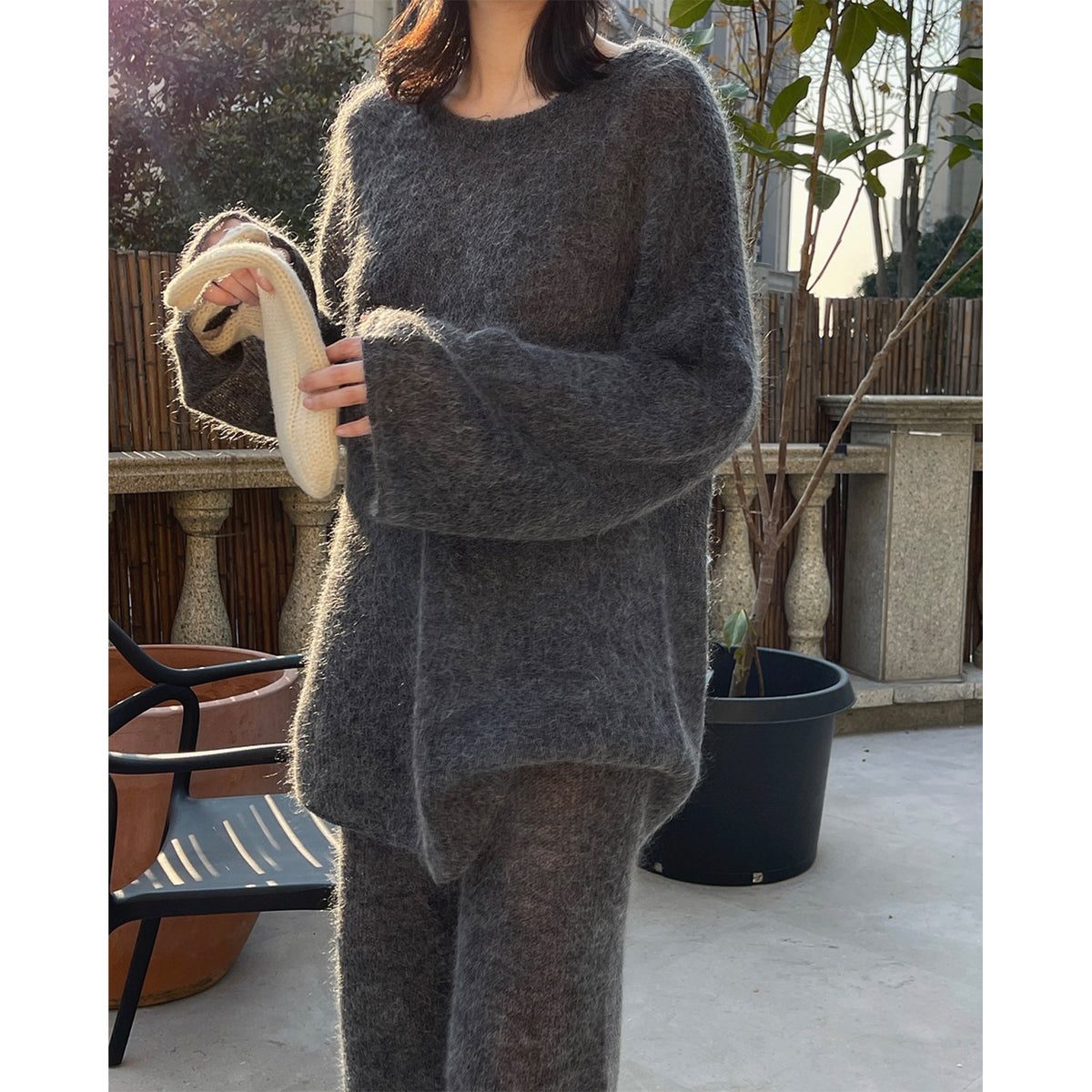 Women Mohair-Optic Lounge Set with Oversized Round Neck Sweater and Straight Knit Pants EVA-US