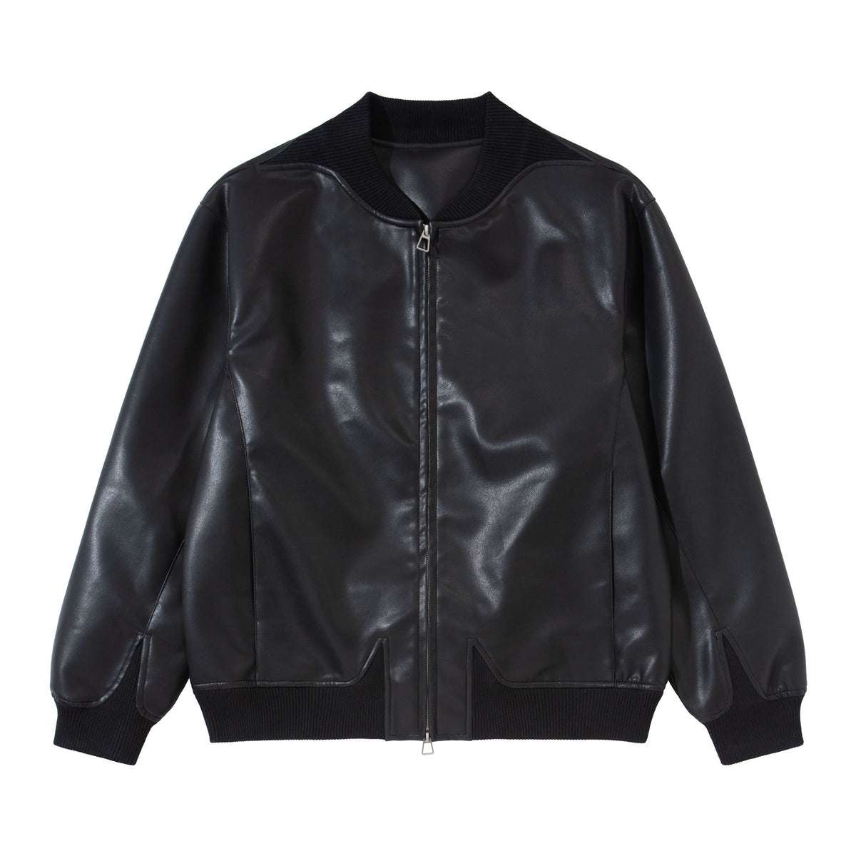 Men's smooth leather bomber jacket with concealed front and elastic ribbed cuffs