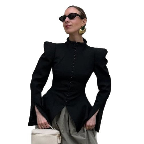 Women's Tailored Blazer with Sculptural Shoulders, Emphasized Waist and Pointed Peplum