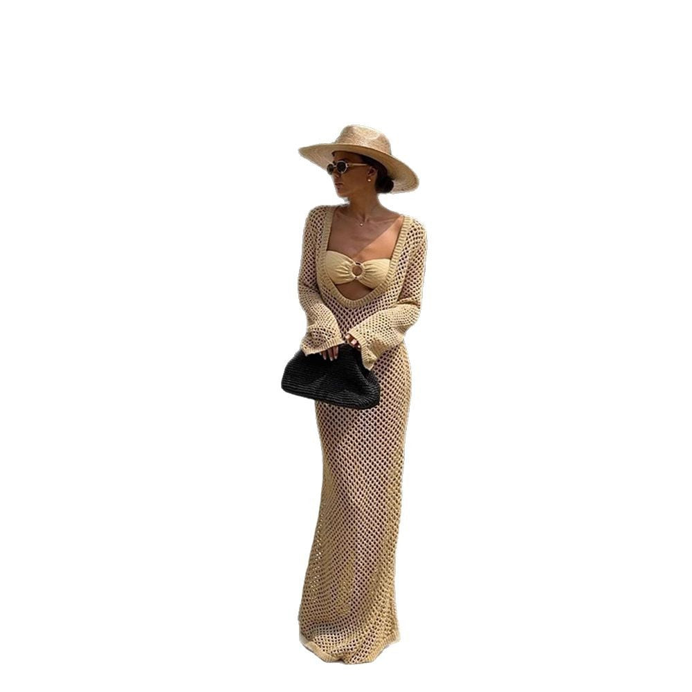Women Open Crocheted Maxi Dress as Beach Cover-Up with Deep V and Long Sleeves EVA-US