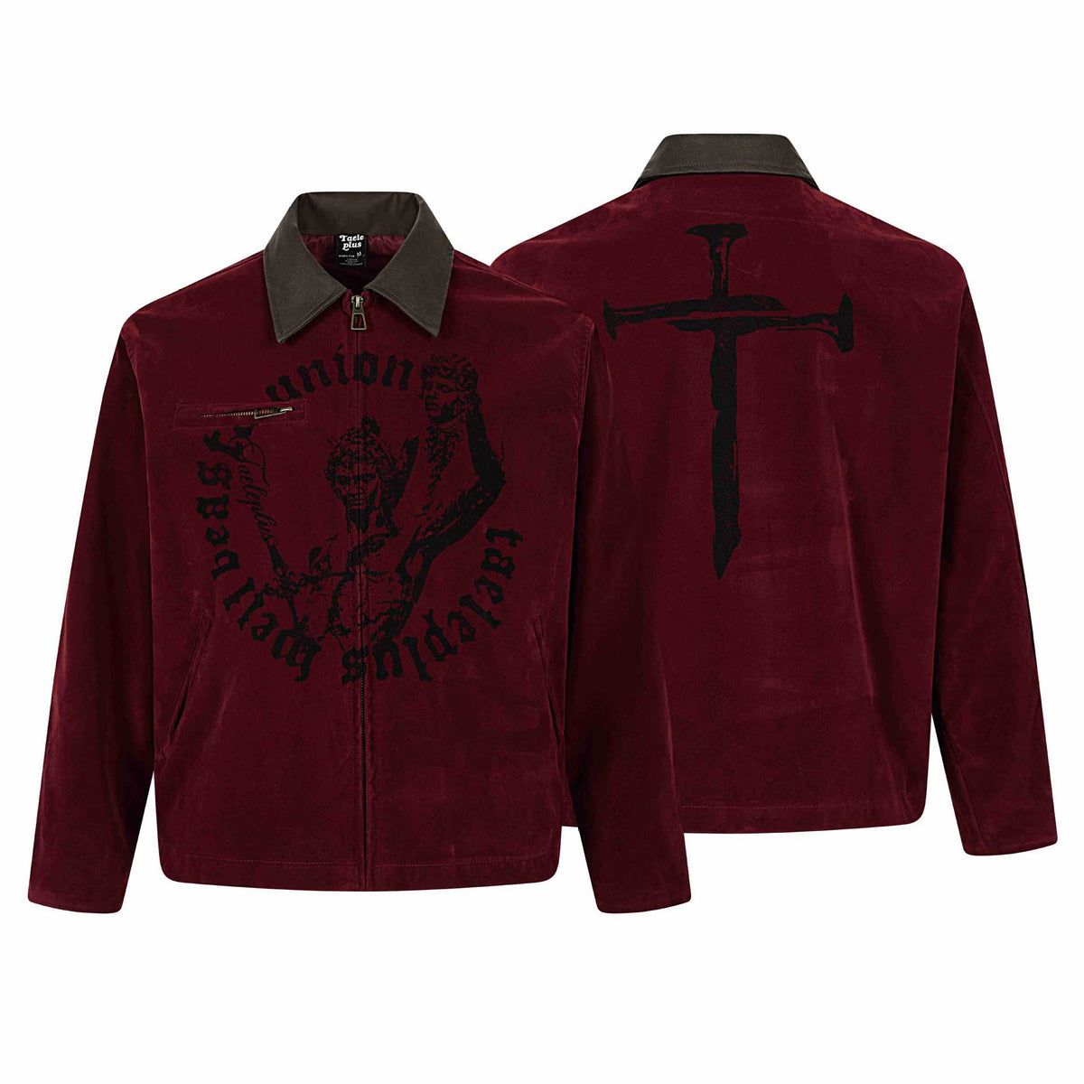Men's velvet bomber jacket with contrast collar, front zipper and graphic print EVA-US