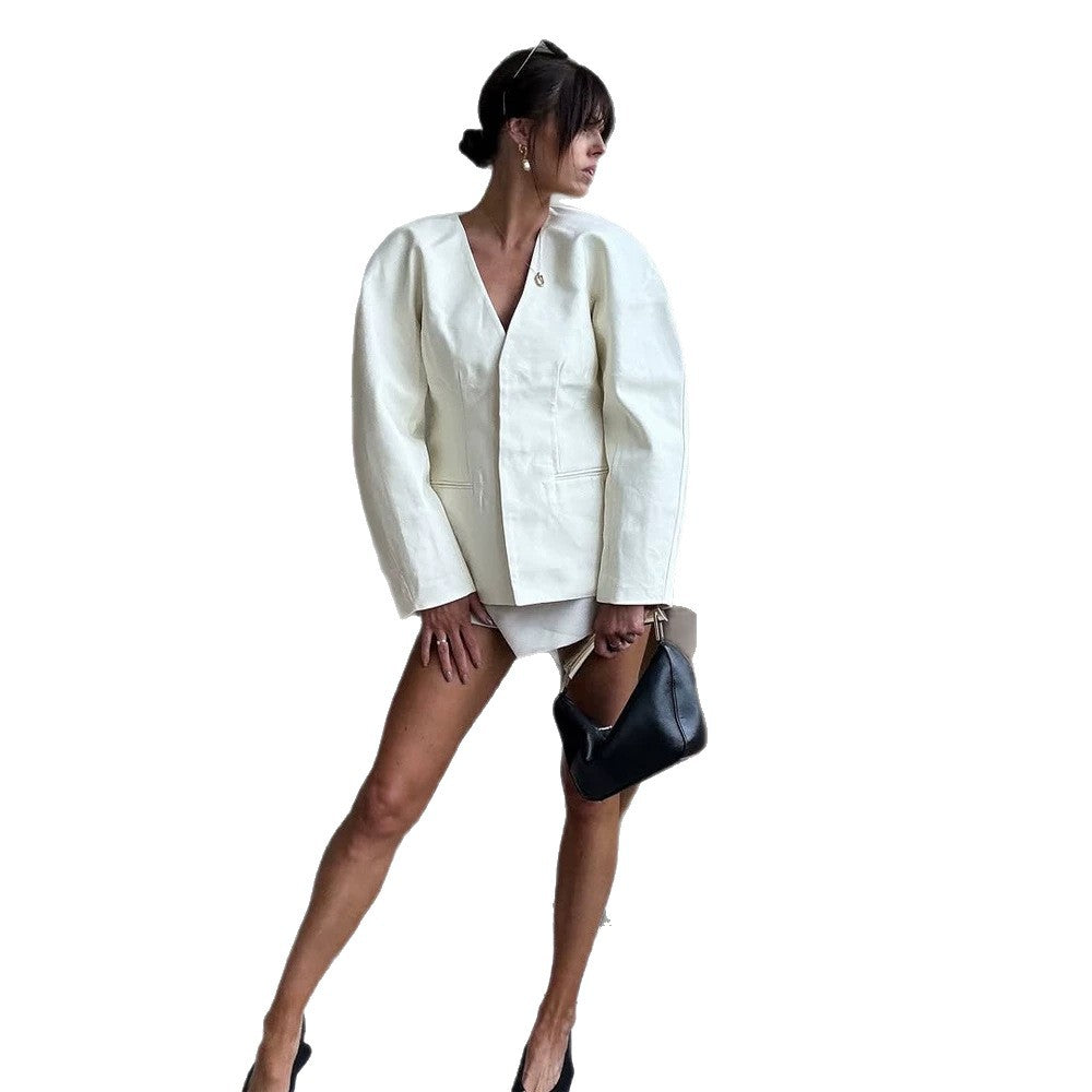Women's Oversized Blazer with Distinctive Shoulder and Open V-Front EVA-US