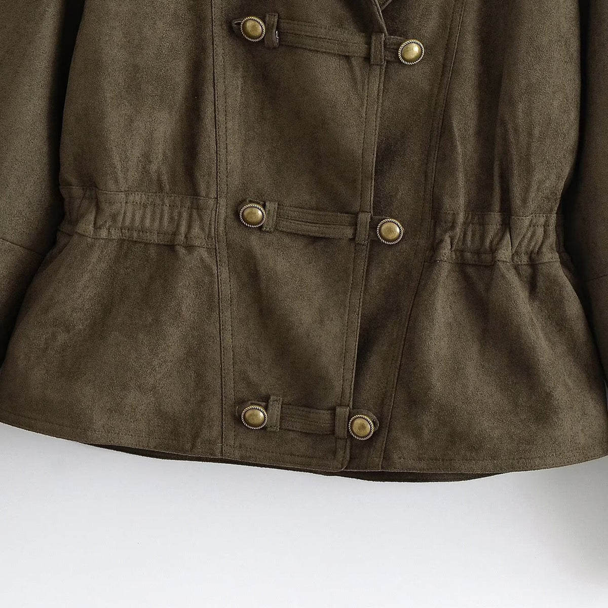 Women's Cropped Suede-Look Jacket with Shawl Collar, Waist Gather and Decorative Toggle Buttons EVA-US