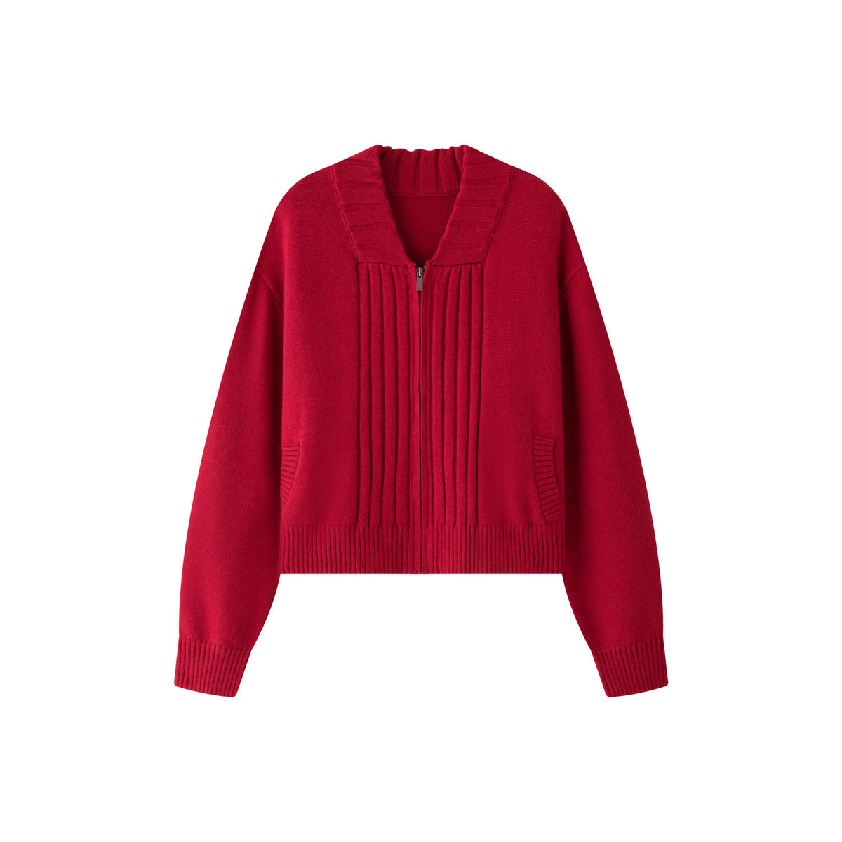 Women's short-cut zipper knit cardigan with vertical rib pattern and patch pockets EVA-US