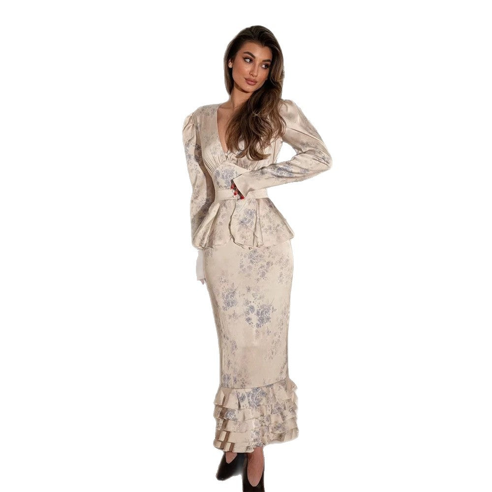 Women Fitted Midi Dress with Deep V-Neck, Peplum Waistband and Layered Ruffle Hem EVA-US